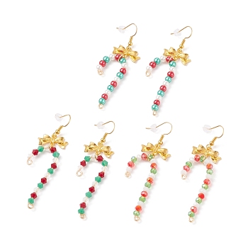 3 Pairs 3 Style Glass Christmas Candy Cane with Alloy Bowknot Dangle Earrings, Gold Plated Brass Jewelry for Women, Mixed Color, 69mm, Pin: 0.8mm, 1 Pair/style