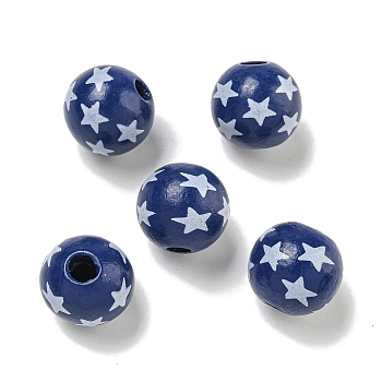 Printed Wood European Beads, Round with Star Pattern, Prussian Blue, 15.5~16mm, Hole: 4~4.5mm