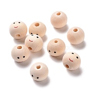 Printed Wood Beads, Round with Smiling Face Pattern, Undyed, Bisque, 12x11mm, Hole: 2.9mm, about 1000pcs/500g(WOOD-C001-02B)