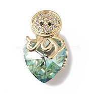 Real 18K Gold Plated Rack Plating Brass Micro Pave Cubic Zirconia Pendants, with Glass, Long-Lasting Plated, Cadmium Free & Lead Free, Octopus & Heart, Medium Aquamarine, 20x11.5x10mm, Hole: 4x4mm(KK-C015-25G-11)