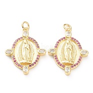 Brass Micro Pave Cubic Zirconia Pendants, Long-Lasting Plated, Real 18K Gold Plated, Oval with Saint, Violet, 26x20x2.5mm, Hole: 3mm(X-ZIRC-P200-09A-G)