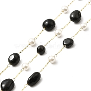 Ion Plating(IP) 316 Surgical Stainless Steel Paperclip Chains, with Natural Black Agate Nuggets Beads and Glass Beads, Soldered, Real 18K Gold Plated, with Spool, Link: 2.5x1x0.5mm(CHS-I019-19L)