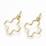Brass Stud Earrings, Cross, Real 18K Gold Plated, 36.5x25mm, Pin: 0.7mm(KK-S348-374)