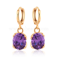 Real 18K Gold Plated Hot Trends Oval Brass Rhinestone Dangle Hoop Earrings, Purple Velvet, 25x8mm(EJEW-EE0001-122F)