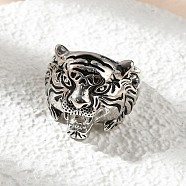 Brass Cuff Rings for Women Men, Tiger's Head, Antique Silver, 21mm(RJEW-S401-03AS)