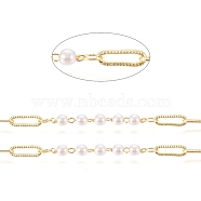 3.28 Feet Handmade Brass Link Chains, with Imitation Pearl Glass Beads, Long-Lasting Plated, Soldered, Round, Golden, Link: 9x3x0.7mm, Beads: 3mm(X-CHC-G011-22G)