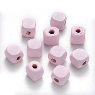 Spray Painted Natural Maple Wood Beads, Cube, Pink, 9~11x8~10x9~10x3~4mm, about 1000pcs/500g(WOOD-N005-04B)