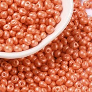 6/0 Glass Seed Beads, Opaque Colours Luster, Teardrop, Coral, 4~5x4~4.5x3~4mm, Hole: 0.8~0.9mm, about 5625pcs/pound(SEED-L011-08A-20)