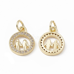 Brass Micro Pave Cubic Zirconia Charms, with Jump Ring, Flat Round with Lover Charm, Real 18K Gold Plated, 13.5x11x2mm, Hole: 3mm(KK-E068-VB198)