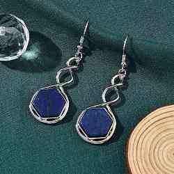 Hexagon Natural Lapis Lazuli Dangle Earrings, with Rack Plating Brass, Long-Lasting Plated, Lead Free & Cadmium Free, 54x17mm(EJEW-K298-01P-04)