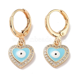 Real 18K Gold Plated Brass Dangle Leverback Earrings, with Enamel and Cubic Zirconia, Heart with Evil Eye, Sky Blue, 25x10.5mm(EJEW-L269-008G-02)
