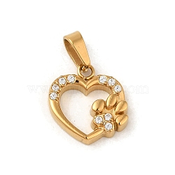 Ion Plating(IP) 304 Stainless Steel Pendants, with Cubic Zirconia, Heart Charm, Clear, Golden, 11.5x11x2mm, Hole: 4x2mm(STAS-C103-06G)