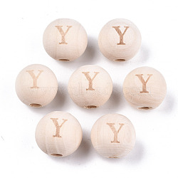 Unfinished Natural Wood European Beads, Large Hole Beads, Laser Engraved Pattern, Round with Word, Letter.Y, 15~16x14~15mm, Hole: 4mm(WOOD-S045-143A-01Y)