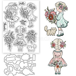 1Pc Flower and Girl Custom PVC Clear Stamps, with 1Pc Carbon Steel Cutting Dies Stencils, for DIY Scrapbooking, Photo Album Decorative, Cards Making, Mixed Shapes, Stamps: 160x110x3mm, Cutting Dies: 109x153x0.8mm(DIY-GL0004-76)