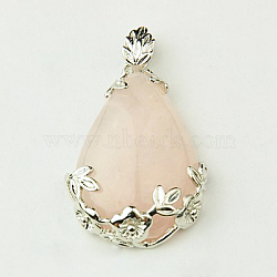 Natural Rose Quartz Pendants, with Alloy Findings, teardrop, Pink, 38x26x8mm, Hole: 5x4mm(G-Q266)