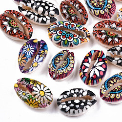 Printed Natural Cowrie Shell Beads, No Hole/Undrilled, with Flower Pattern, Colorful, 18~22x13~14x6~8mm(SHEL-S266-19)