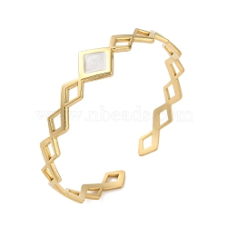 304 Stainless Steel Enamel Hollow Rhombus Open Cuff Bangles for Women, Real 18K Gold Plated, WhiteSmoke, Inner Diameter: 2-1/4 inch(5.6cm)(BJEW-M316-07G-01)