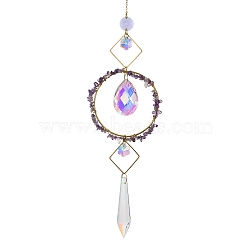 Natural Amethyst Chips Hanging Ornaments, Glass Teardrop Hanging Suncatcher, 420mm(G-Z051-01B)