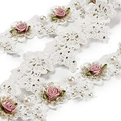 Flower Polyester Lace Trim, with Plastic Imitation Pearl, Garment Accessories, White, 2-1/8 inch(53mm)(DIY-XCP0003-63)