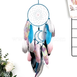 Cotton Woven Net/Web with Feather Hanging Decorations, Indian Style Braided Beads Hanging Ornaments for Home Office Decoration, Deep Sky Blue, 740mm(PW-WG7D714-04)