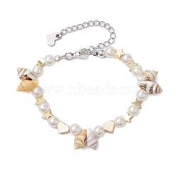 Natural Shell & ABS Plastic Imitation Pearl Beaded Bracelets, Ocean Theme Star & Heart Brass Bracelets for Women, Platinum & Golden, 6-1/4 inch(15.8cm)(BJEW-JB10555)