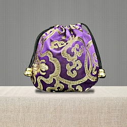 Chinese Style Brocade Drawstring Gift Blessing Bags, Embroidery Cloud Jewelry Storage Pouches for Wedding Party Candy Packaging, Rectangle, Dark Violet, 10x10cm(PW-WG90644-03)
