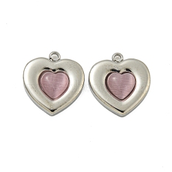 304 Stainless Steel Charms, with Cat Eye, Heart, Pink, 14x13x3.5mm, Hole: 1.4mm(STAS-L022-202P-02)