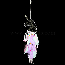 Feather Unicron Pendant Decorations, with Iron Findings, Wind Chime for Home Decoration, Colorful, 650x200mm(UNIC-PW0001-059A)