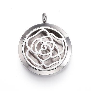 316 Surgical Stainless Steel Diffuser Locket Pendants, with Perfume Pad and Magnetic Clasps, Flat Round with Flower, Stainless Steel Color, Black, 36.5~37x30x6~6.5mm, Hole: 5mm, inner diameter: 23mm