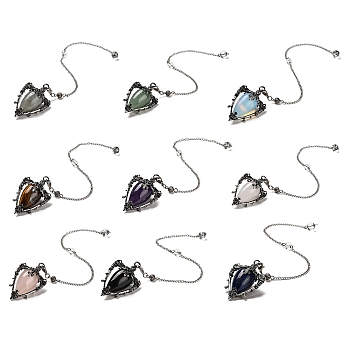Mixed Gemstone Triangle Dowsing Pendulum Pendants, with Quartz Crystal Round Beads, Rack Plating Alloy Findings & Chains, Cadmium Free & Lead Free, 290mm