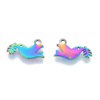 Ion Plating(IP) 201 Stainless Steel Charms, Birds, Rainbow Color, 12x6.5x1mm, Hole: 1.2mm