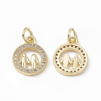 Brass Micro Pave Cubic Zirconia Charms, with Jump Ring, Flat Round with Lover Charm, Real 18K Gold Plated, 13.5x11x2mm, Hole: 3mm