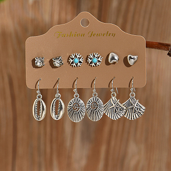 6 Pairs Retro Shell Shaped Alloy Dangle Earrings Set for Women, Antique Silver