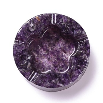 Resin with Natural Amethyst Chip Stones Ashtray, Home OFFice Tabletop Decoration, Flat Round with Flower, 104x32mm, Inner Diameter: 61x68mm