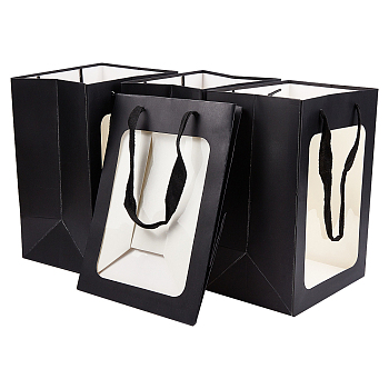 BENECREAT Kraft Paper Bags with Handle, with Cord Handles and Rectangle Window, for Retail Shopping Bag, Merchandise Bag, Gift and Party Bag, Rectangle, Black, 25x18x0.4cm, Unfold: 25x18x13cm, Window: 18.3x13.3cm