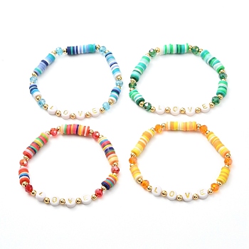 Love Handmade Polymer Clay Beads Stretch Bracelet for Teen Girl Women, Mixed Color, Inner Diameter: 2-1/8 inch(5.3cm)