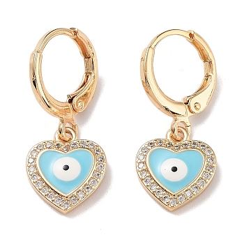 Real 18K Gold Plated Brass Dangle Leverback Earrings, with Enamel and Cubic Zirconia, Heart with Evil Eye, Sky Blue, 25x10.5mm