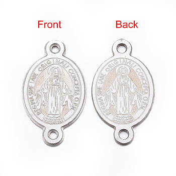 304 Stainless Steel Links connectors, Oval with Virgin Mary, Stainless Steel Color, 16x9x0.8mm, Hole: 1mm