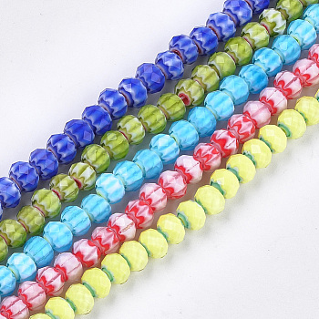 Glass Beads Strands, Faceted, Rondelle with Flower, Mixed Color, 7.5~8x5.5mm, Hole: 1~1.5mm, about 74pcs/strand, 16.1 inch