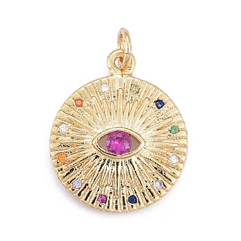 Brass Micro Pave Cubic Zirconia Pendants, with Jump Ring, Flat Round with Eye, Real 18K Gold Plated, Colorful, 19x17x2.5mm, Hole: 3mm, Jump Ring: 5x0.9mm