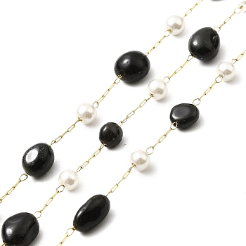 Ion Plating(IP) 316 Surgical Stainless Steel Paperclip Chains, with Natural Black Agate Nuggets Beads and Glass Beads, Soldered, Real 18K Gold Plated, with Spool, Link: 2.5x1x0.5mm