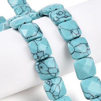 Synthetic Turquoise Beads Strands, Faceted Square, 12~12.5x12~12.5x5.5~6mm, Hole: 1.2mm, about 17pcs/strand, 8.07~8.4''(20.5~21cm)