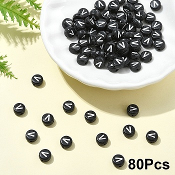 Opaque Acrylic Horizontal Hole Beads, with Enamel, Flat Round, Letter V, 7x4mm, Hole: 1.5mm