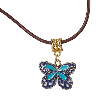 Alloy Enamel Butterfly Pendant Necklaces, with Cowhide Leather Cord, Prussian Blue, 19.61~19.80 inch(49.8~50.3cm)