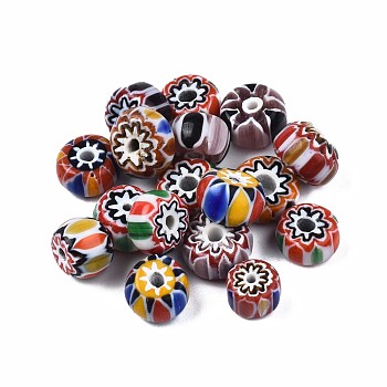 Handmade Millefiori Lampwork Beads, Flat Round, Mixed Color, 7~11x4~6mm, Hole: 1~3mm