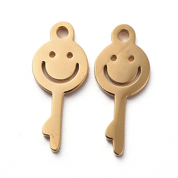 Vacuum Plating 304 Stainless Steel Charms, Manual Polishing, Hollow, Key with Smile, Golden, 13x5.5x1mm, Hole: 1mm
