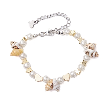 Natural Shell & ABS Plastic Imitation Pearl Beaded Bracelets, Ocean Theme Star & Heart Brass Bracelets for Women, Platinum & Golden, 6-1/4 inch(15.8cm)