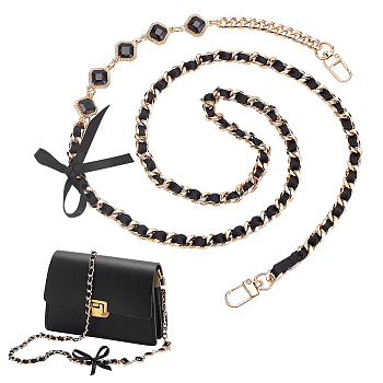 Crossbody Bag Straps, Alloy Decorative Chain with Swivel Clasp & Polyester Bowknot, Black, 1120mm