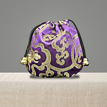 Chinese Style Brocade Drawstring Gift Blessing Bags, Embroidery Cloud Jewelry Storage Pouches for Wedding Party Candy Packaging, Rectangle, Dark Violet, 10x10cm