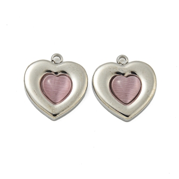 304 Stainless Steel Charms, with Cat Eye, Heart, Pink, 14x13x3.5mm, Hole: 1.4mm